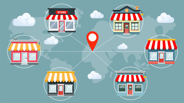 Location pin with connected small store buildings, colorful shopfronts with awnings, map background, business network concept, retail connection illustration