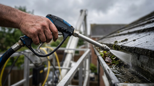 Professional gutter cleaning service | High pressure washing roof gutters | Residential home maintenance worker | Cleaning gutters with power washer