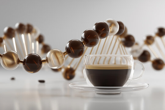 A DNA helix crafted from coffee beans spirals gracefully beside a steaming espresso cup on white.