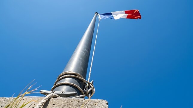 French tricolor flag flying against blue sky.
