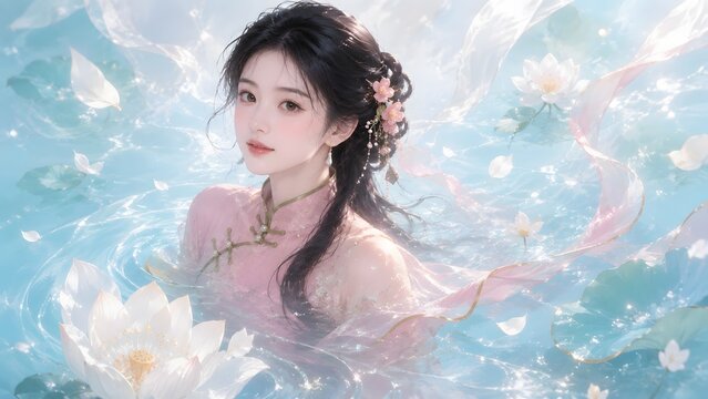 Generative AI serene Asian woman in pink traditional Hanfu dress bathing in clear blue water with large white lotus flowers