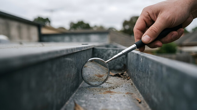 professional roof gutter inspection tool | hand using telescopic mirror for home maintenance | checking gutters for debris and blockage | residential gutter cleaning services
