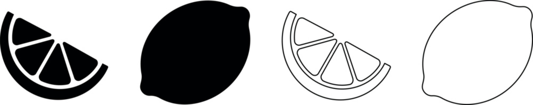 Set of simple lemon and slice graphics in black and white outlines