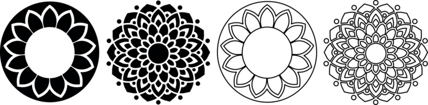 Collection of four circular decorative mandala patterns in black and white
