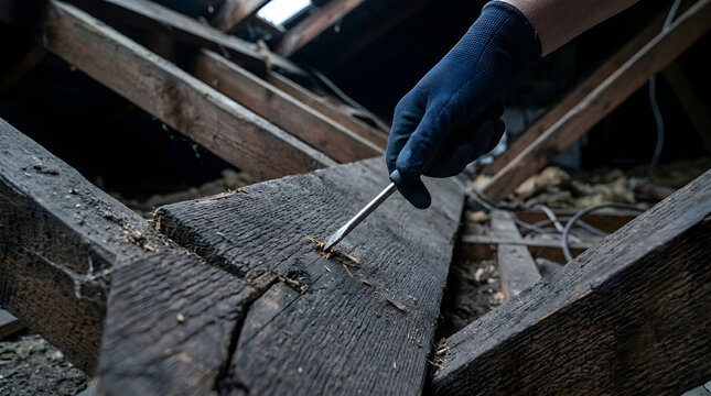 Home inspection for termite damage in attic | Inspector checking wooden rafter for dry rot | Gloved hand probing timber for structural integrity | Attic roof maintenance and pest control services