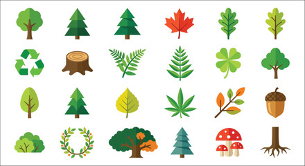 Collection Of Trees Leaves And Woodland Elements In A Flat Vector Illustration Style acorn autumn © Victoria hub