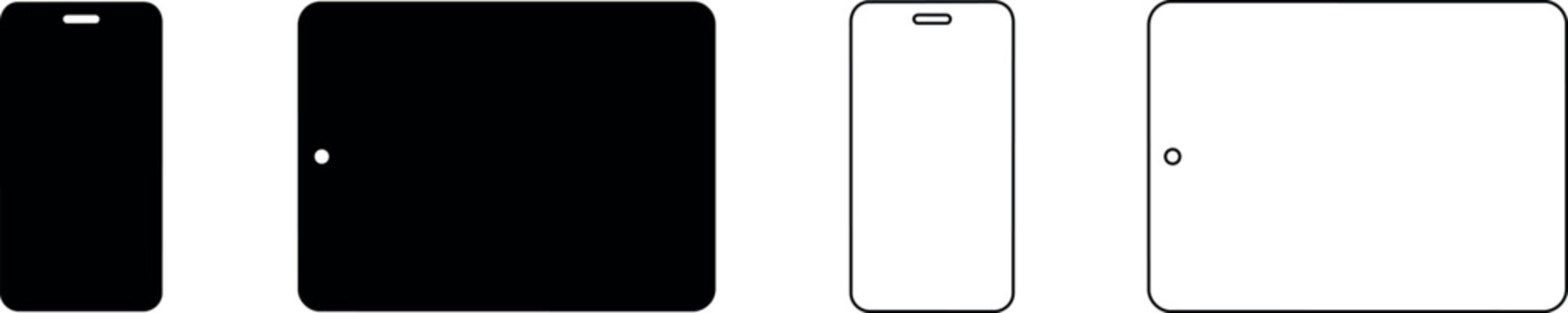 Set of black and white smartphone and tablet outline and solid icons
