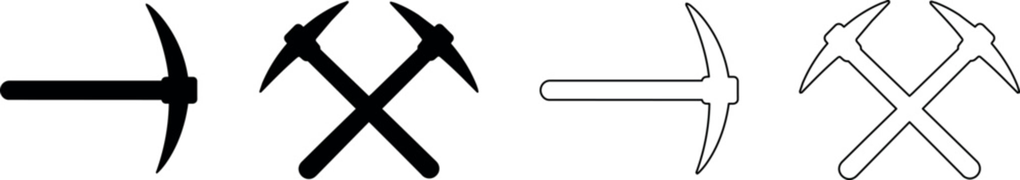 Collection of pickaxe and crossed pickaxe graphics in solid and outline styles