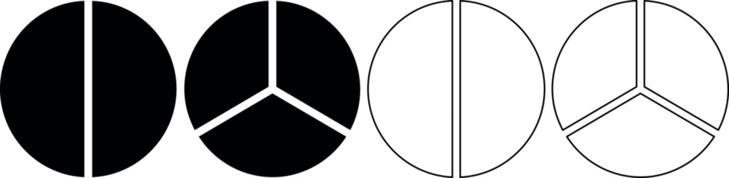 Set of divided circles, solid and outline, showing two and three segments