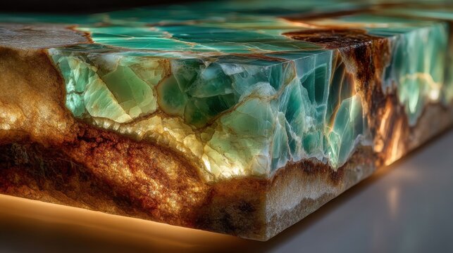 macro onyx detail close up of translucent green stone block with rough brown edges backlit to reveal internal crystal structure and vibrant colors for design