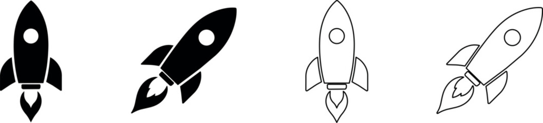 Set of four rocket ship graphics in solid black and outline styles © Santiago