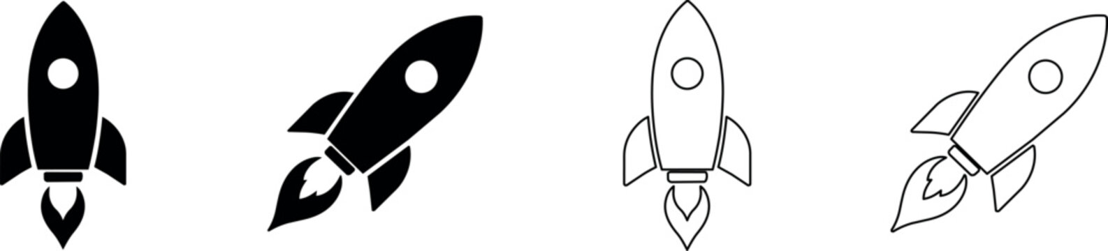 Set of four rocket ship graphics in solid black and outline styles