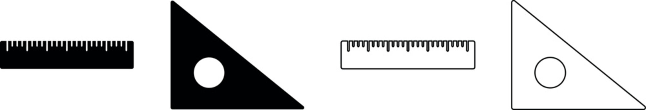 Set of drafting tools including rulers and triangles in black and white outlines