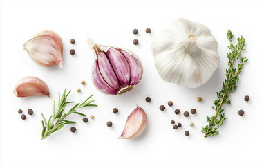 Fototapeta premium garlic and herbs isolated on white background, top view