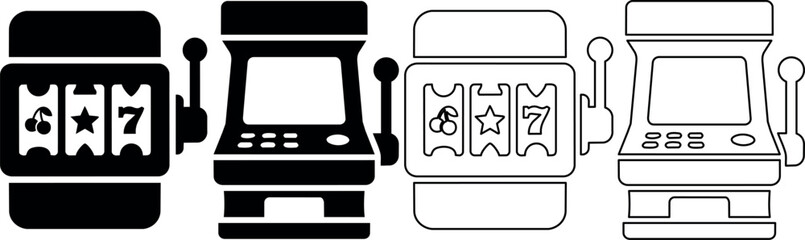 Collection of slot machine and arcade game icons in black and white outlines © Santiago