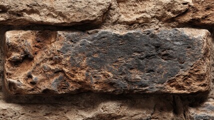 Fototapeta premium Aged limestone texture showing weathered brick surface with rust-colored mineral deposits, dark patina variations and authentic historical erosion patterns for architectural backgrounds