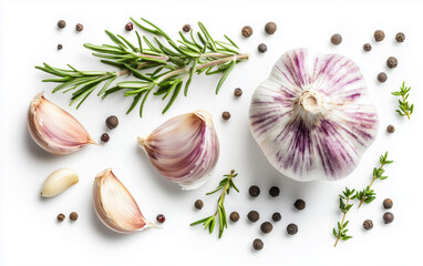 Fototapeta premium garlic and herbs isolated on white background, top view