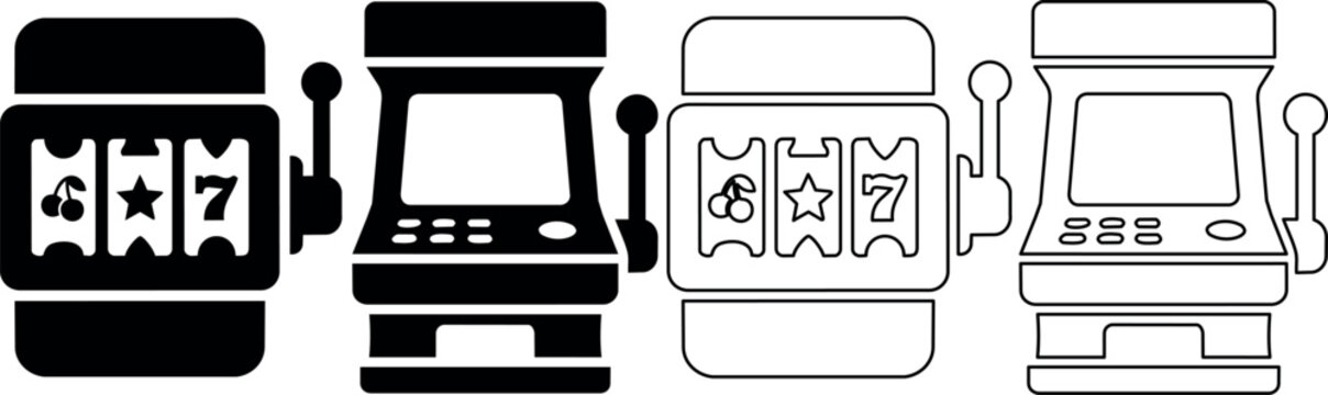 Collection of slot machine and arcade game icons in black and white outlines