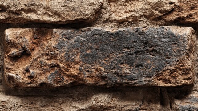 Aged limestone texture showing weathered brick surface with rust-colored mineral deposits, dark patina variations and authentic historical erosion patterns for architectural backgrounds