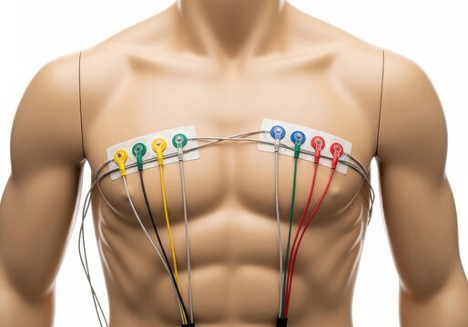 Person with chest electrode sensors for medical test isolated on white background