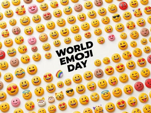 Colorful assortment of various smiley face emojis celebrating world emoji day in a fun pattern