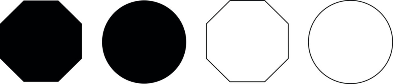 Comparison of filled and outlined geometric shapes: octagon and circle