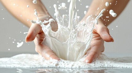 Fototapeta premium Milk splash macro photography hands cupping liquid creating dramatic crown formation dynamic motion impact moment natural skin tones white droplets clean background stock