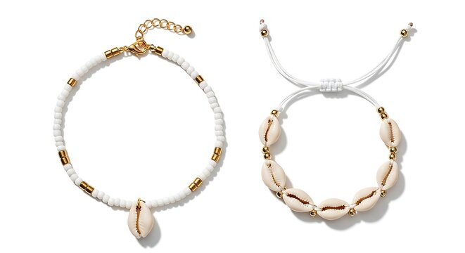 Two elegant summer beach style bracelets featuring white beads and natural seashell charms.