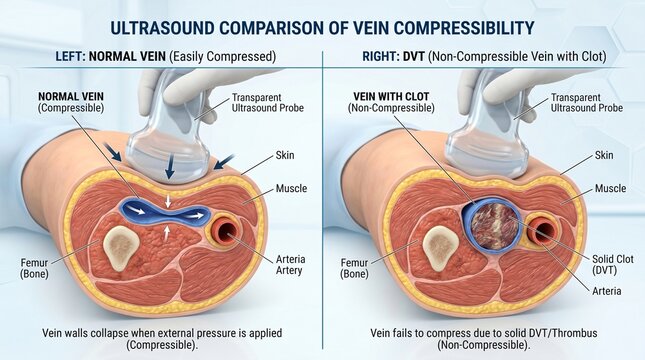 Detailed 3D anatomical cross-section of a leg demonstrating a DVT ultrasound compression test, comparing a normal and thrombosed vein.