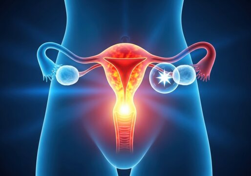 Human uterus and fallopian tubes with glowing cells isolated on white background