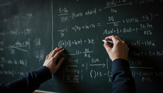 Teacher hand writing complex math equations and physics formulas on blackboard, classroom education and scientific research concept