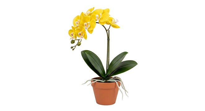 A beautiful vibrant yellow orchid plant sitting in a simple terracotta pot isolated on white