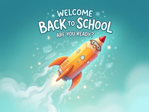 Cute cartoon rocket flying through sky with back to school message and fun icons ready for new year