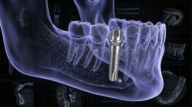 Futuristic 3D Render of a Dental Implant in Translucent Jawbone with Grid Background