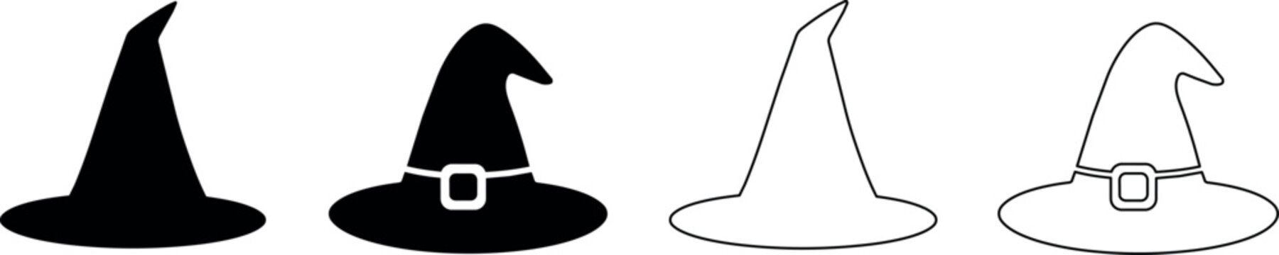 Collection of four witch hats in silhouette and outline styles