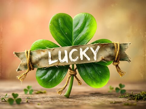 Fourleaf clover with a rustic lucky banner tied around it symbolizing good fortune and prosperity