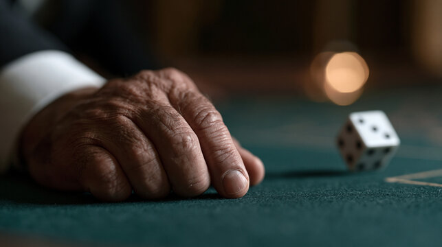 Weathered male hand rests on casino table beside single tumbling dice in harsh overhead spotlight, tension evident in rigid knuckles, suggesting high-stakes business risk, investment decision-making