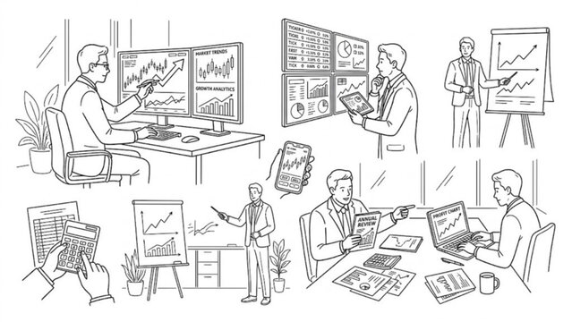 Business Finance and Stock Market Analyst Line Art Vector Set