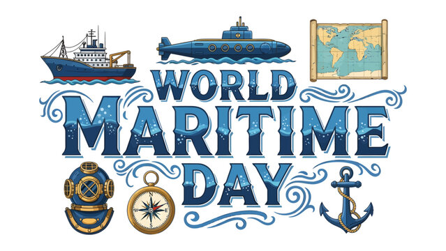 World Maritime Day Celebration: An artistic depiction of World Maritime Day featuring a ship, submarine, compass, anchor, diver's helmet, and a world map.