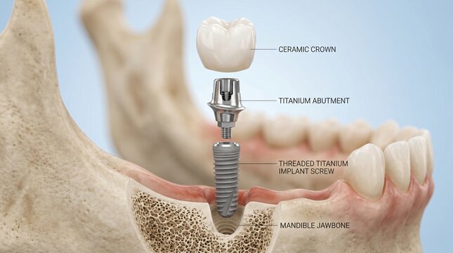 Educational Exploded Diagram of Dental Implant Next to Natural Teeth