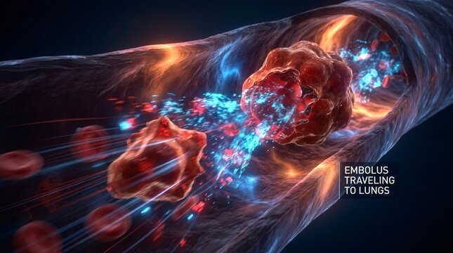 Futuristic 3D medical render featuring blue and orange glowing particles and text labels showing an embolus traveling to the lungs.