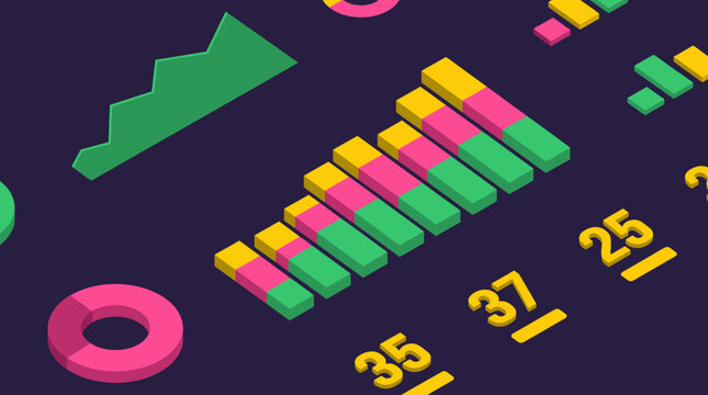 Isometric Bar Chart and Graphs Data Visualization.
