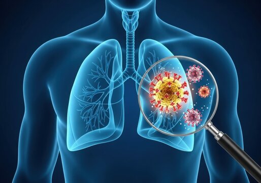 Lungs with virus particles under microscope isolated on white background