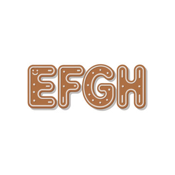Gingerbread alphabet letters efgh with white icing outlines and dots for christmas holiday baking projects and seasonal typography
