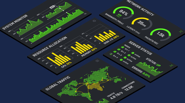 Isometric Digital Dashboard with Data Visualization and Analytics.