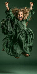 Obraz premium Photorealistic Editorial Image of a Joyful Young Girl Jumping Mid-Air Celebrating the End of School, Green Dress and Backpack, on Bright Green Studio Background with Copy Space. Generative Ai.