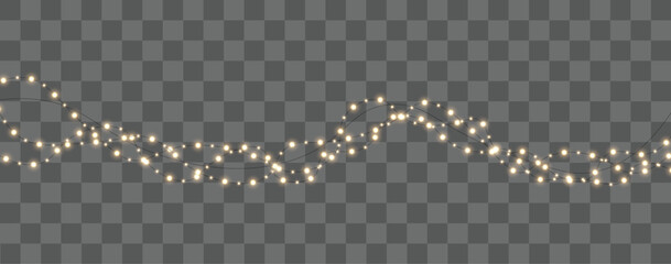 Bright string lights create festive golden winter decoration. Soft illumination suits party and greeting visuals. Transparent PNG isolated. © Alex