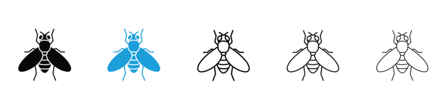 Fly insect icons vector illustrations in black and blue colors for web and ui designs