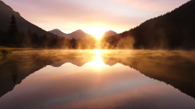 Serene Mountain Lake at Sunrise with Mist and Golden Water Reflection