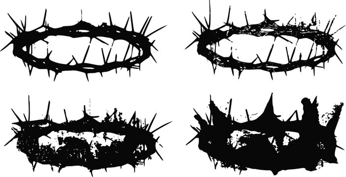 Set of black silhouette thorn crowns with sharp spikes in various distorted shapes